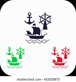 Ship, Anchor and Rudder Illustration set. Blue, green, red icon.