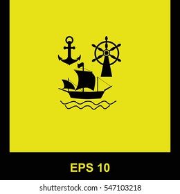 Ship, Anchor and Rudder vector black icon. Isolated illustration. Business picture.