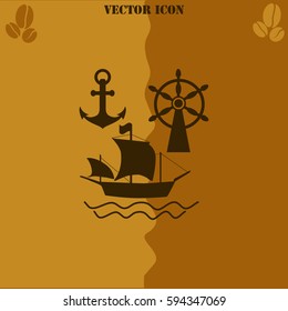 Ship, Anchor and Rudder vector  icon. Coffee symbol background.