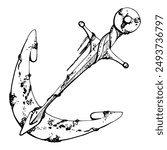 Ship anchor rusted shipwreck with algae, Marine life, sea ocean underwater, Ink and pen sketch hand drawn. Single object illustration stylized, isolated on white. Zoo shop, aquarium, cosmetics, resort