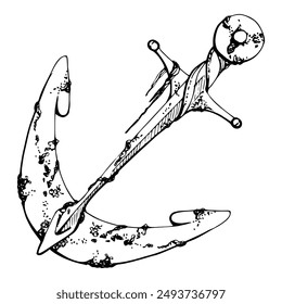 Ship anchor rusted shipwreck with algae, Marine life, sea ocean underwater, Ink and pen sketch hand drawn. Single object illustration stylized, isolated on white. Zoo shop, aquarium, cosmetics, resort