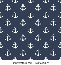 Ship anchor seamless pattern print. White anchor on blue background seamless pattern design for fabric and background. Nautical print pattern.