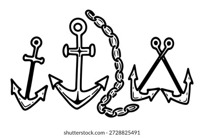 Conjunto de anclaje de barco. Vector de boceto dibujado a mano. Equipo de barco. Carga pesada del metal. Cadena. Ilustración gráfica. Colección de elementos.