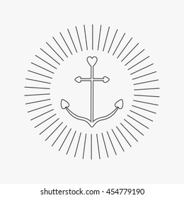 Ship anchor in shapes of heart. Round thin line frame icon label. Nautical sign symbol. Isolated White background. Flat design. Vector illustration