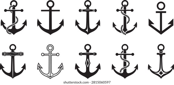 Ship anchor silhouettes vector collection maritime navy nautical vessel icon set ocean sea port equipment graphic elements layout on white background, anchor, ship, marine, navy, nautical, sea, ocean, silhouette