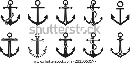 Ship anchor silhouettes vector collection maritime navy nautical vessel icon set ocean sea port equipment graphic elements layout on white background, anchor, ship, marine, navy, nautical, sea, ocean, silhouette