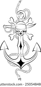 ship anchor with skull, bones and sword.