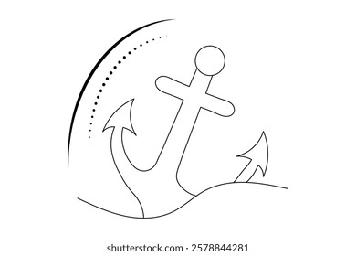 Ship anchor split Continuous one line art drawing  with rope vector logo and illustration template
