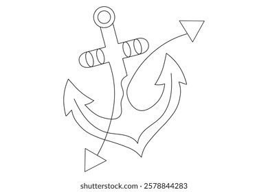 Ship anchor split Continuous one line art drawing  with rope vector logo and illustration template
