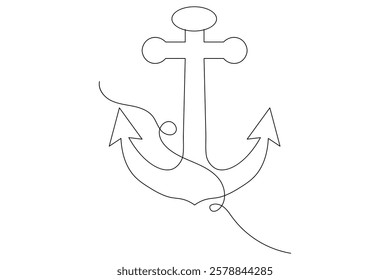 Ship anchor split Continuous one line art drawing  with rope vector logo and illustration template
