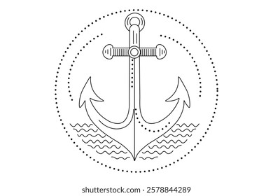 Ship anchor split Continuous one line art drawing  with rope vector logo and illustration template
