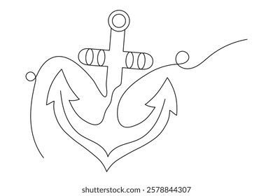 Ship anchor split Continuous one line art drawing  with rope vector logo and illustration template
