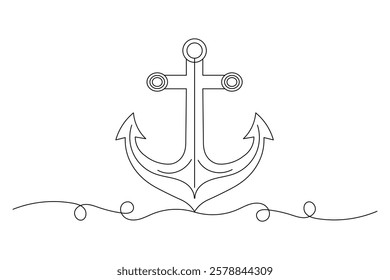 Ship anchor split Continuous one line art drawing  with rope vector logo and illustration template
