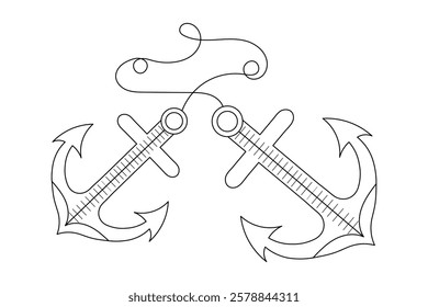 Ship anchor split Continuous one line art drawing  with rope vector logo and illustration template
