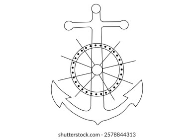 Ship anchor split Continuous one line art drawing  with rope vector logo and illustration template
