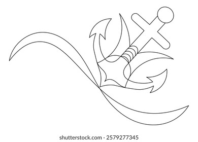 Ship anchor split single line art and isolated  minimalist outline vector icon