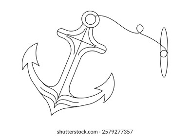 Ship anchor split single line art and isolated  minimalist outline vector icon