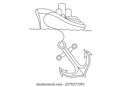 Ship anchor split single line art and isolated  minimalist outline vector icon