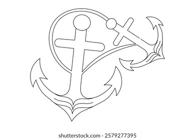 Ship anchor split single line art and isolated  minimalist outline vector icon