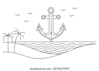 Ship anchor split single line art and isolated  minimalist outline vector icon