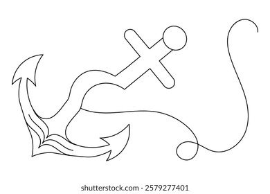 Ship anchor split single line art and isolated  minimalist outline vector icon