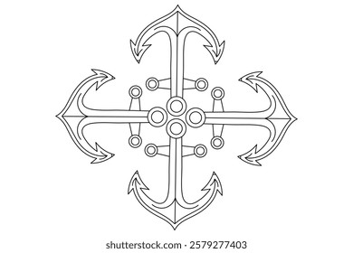 Ship anchor split single line art and isolated  minimalist outline vector icon