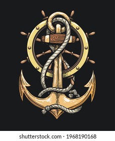 Ship Anchor and Steering Wheel drawn in Tattoo style. Vector illustration.