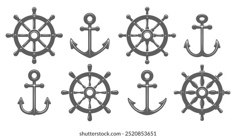 Ícones da âncora do navio e do volante. Gravação barco e navio âncoras volantes símbolos ilustração vetor isolado