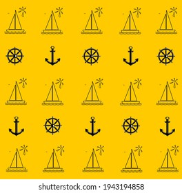 Ship. Anchor and steering wheel on a yellow background. Vintage style. Contour drawing. Postcard from the sea. Wallpaper. Scrapbooking paper. Vector graphics.