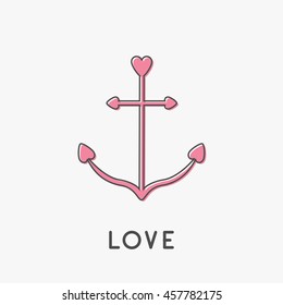 Ship anchor thin line icon in shapes of heart. Nautical sign symbol.  Pink color. Love greeteng card. Isolated White background. Flat design. Vector illustration