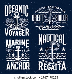 Ship anchor t-shirt print vector templates. Admiralty or fisherman, stockless anchor and retro typography. Nautical sailing or yacht club regatta competition emblem, yachtsmen apparel custom print