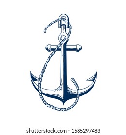 Ship anchor vector illustration. Vessel mooring device. Boat accessory, holding raft in place item, heavy ship attribute. Monochrome forged metal construction isolated on white background.