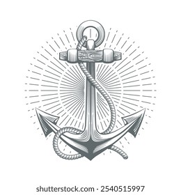 Ship anchor vintage engraving emblem. Retro seafaring label isolated vector illustration