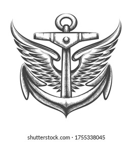 Ship Anchor with Wings  drawn in Tattoo style. Vector Illustration