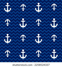 Ship anchors nautical vector seamless pattern. Clothes print. Navy vessel equipment ornament. Boat anchors on blue waves endless pattern, sailor style shirt fabric print.