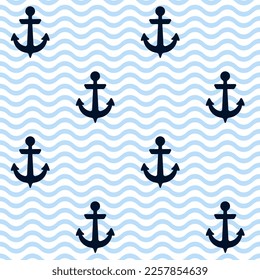 Ship anchors on blue waves marine vector seamless pattern. Clothes textile print. Navy vessel equipment ornament. Boat anchor endless pattern, sailor style shirt fabric print.