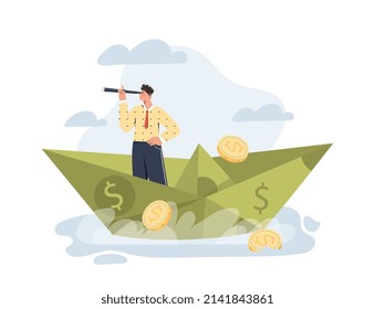 Buque con billetes. El tipo con telescopio evalúa la ruta. Metáfora de empresario exitoso, liderazgo y fijación de objetivos. Boss piensa en el desarrollo de la compañía. Dibujo vectorial plano de dibujos animados