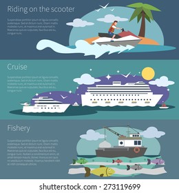 Ship banner horizontal set with scooter cruise and fishery boat isolated vector illustration