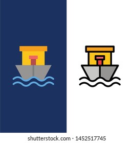 Ship, Beach, Boat, Summer  Icons. Flat and Line Filled Icon Set Vector Blue Background