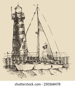 Ship and beacon vintage engraved illustration, hand drawn