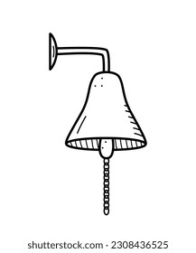 Icono del garabato del timbre del barco. Ilustración vectorial de una campana de barco vintage para señalización con cuerdas. Único aislado en un fondo blanco.