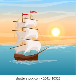 A ship with belly sails sails on the sea or the ocean. Vector seascape landscape