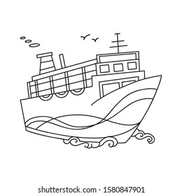 Ship black line icon.Cruise ship at sea-design concept  .Hand drawn vector Illustration.Steamship in the ocean, waves lapping around.