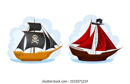 Ship with black and red sails set. Vintage sailing ships, black flags with skull bones cartoon vector illustration