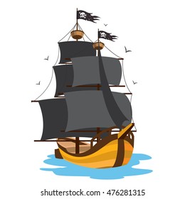 Ship with black sails. Pirate frigate. Pictures on a naval theme.