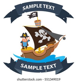 Ship with black sails. Pirate frigate with ribbon banner. Pictures on a naval theme.