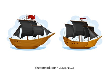 Ship with black sails set. Vintage sailing vessels cartoon vector illustration