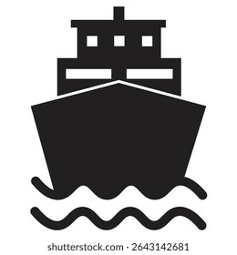 Projeto de ícone de vetor plano preto e branco do navio. Símbolo de balsa e design de glifo no vetor 