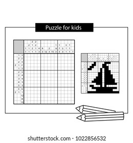 Ship. Black and white japanese crossword with answer. Nonogram with answer. Graphic crossword. Puzzle game for kids.
