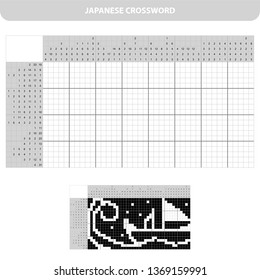 Ship. Black and white japanese crossword with answer. Nonogram with answer. Graphic crossword. Puzzle game for kids.
